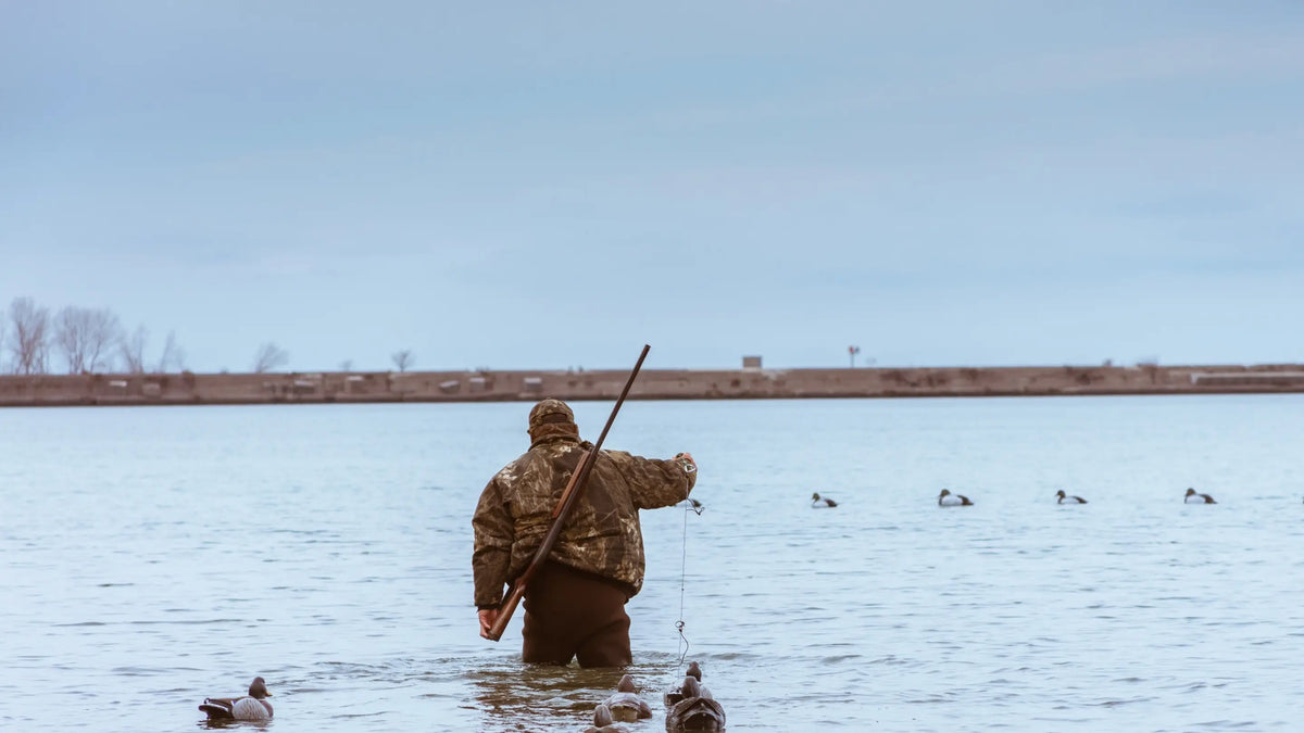 Man wearing a camo duck hunting hat in the lake during waterfowl season