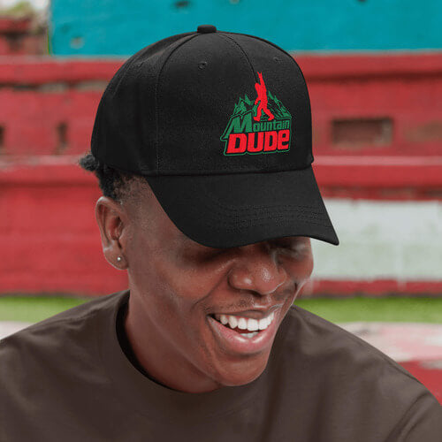 Man wearing a hat with a funny outdoor design embroidery