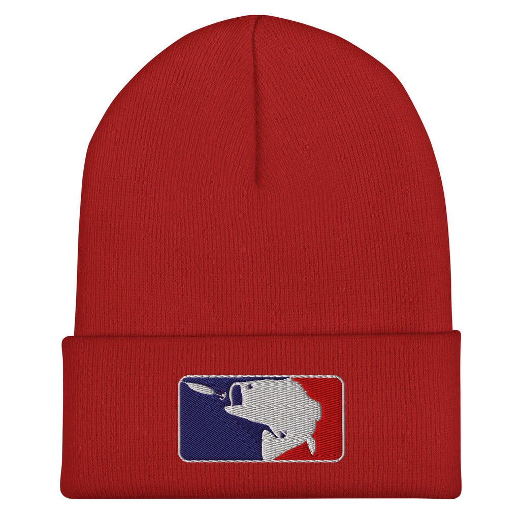 Red baseball fishing beanie – funny embroidered winter hat for freshwater fishermen