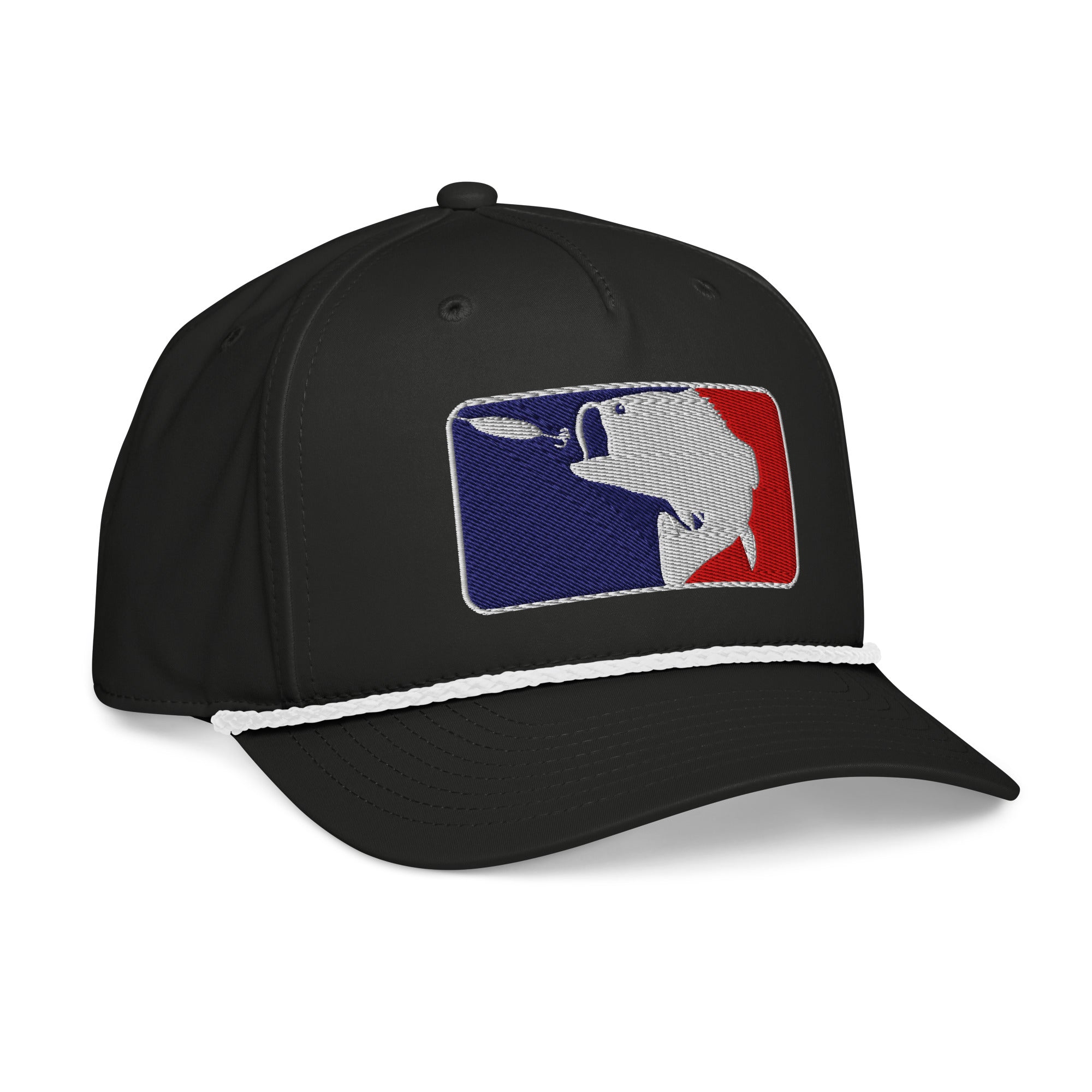 Black baseball fishing rope hat with white rope right front view – funny embroidered fishing cap