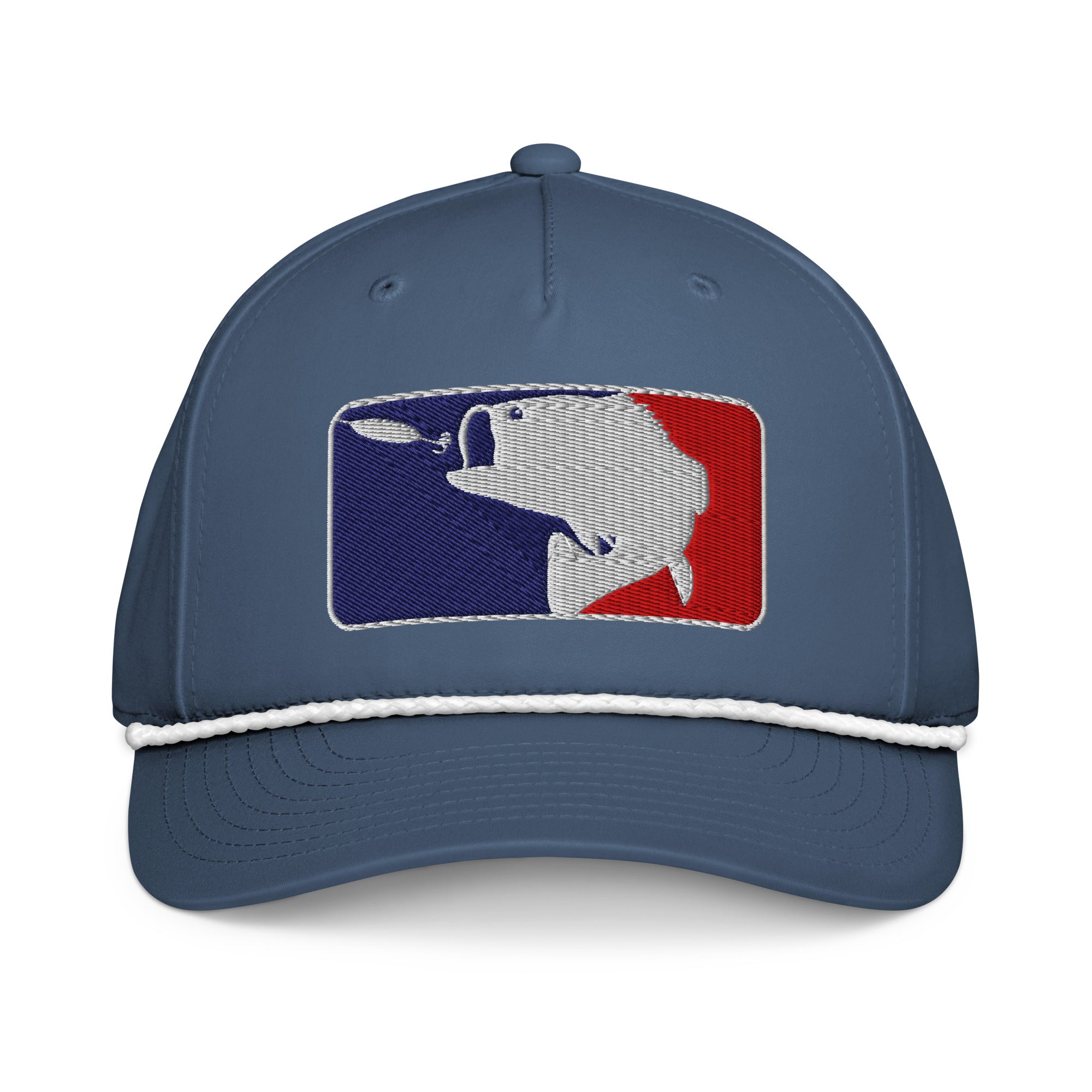 Baseball fishing embroidered light blue rope hat with white rope front view – funny fishing cap