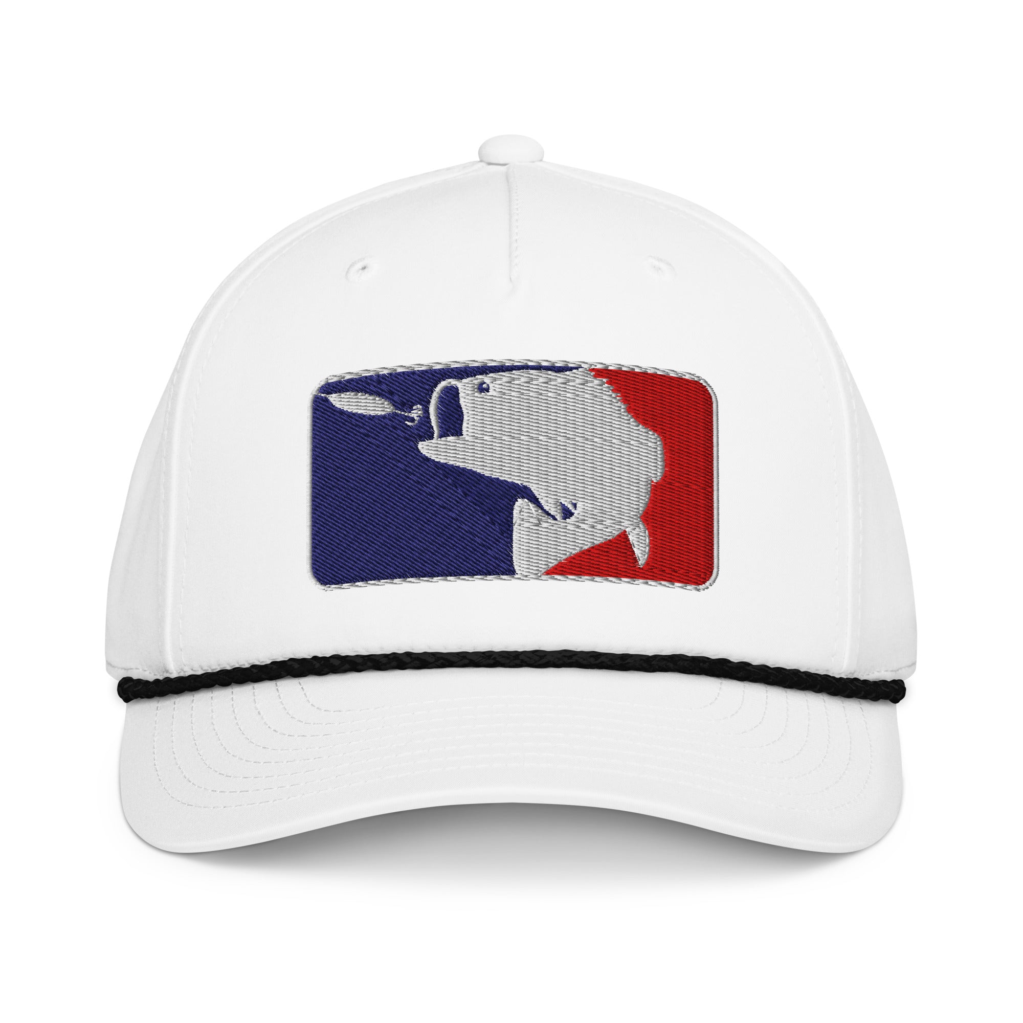 Baseball fishing embroidered white rope hat with black rope front view – funny fishing cap