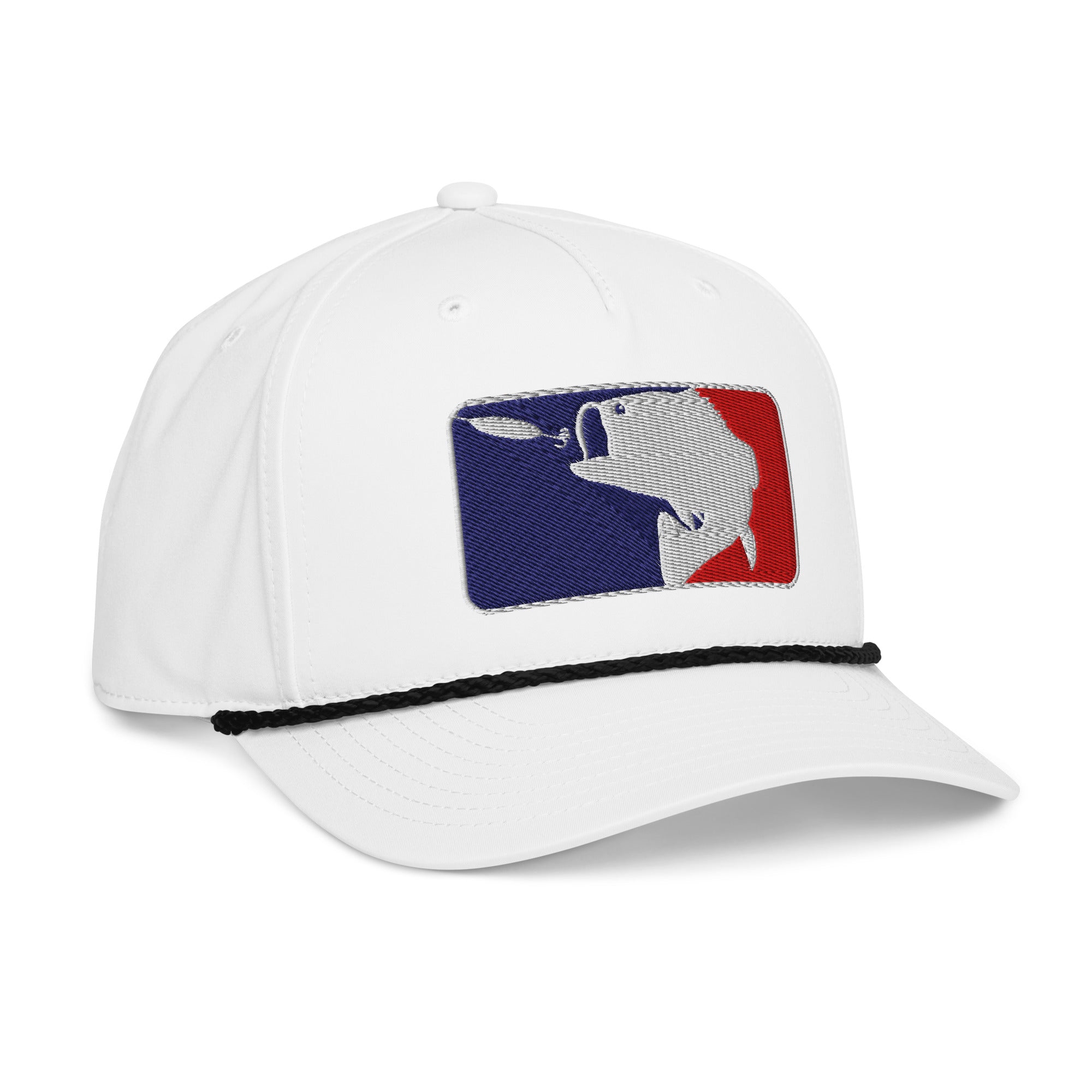 White baseball fishing rope hat with black rope right front view – funny embroidered fishing cap