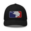 Baseball fishing embroidered black trucker hat front view – funny fishing cap