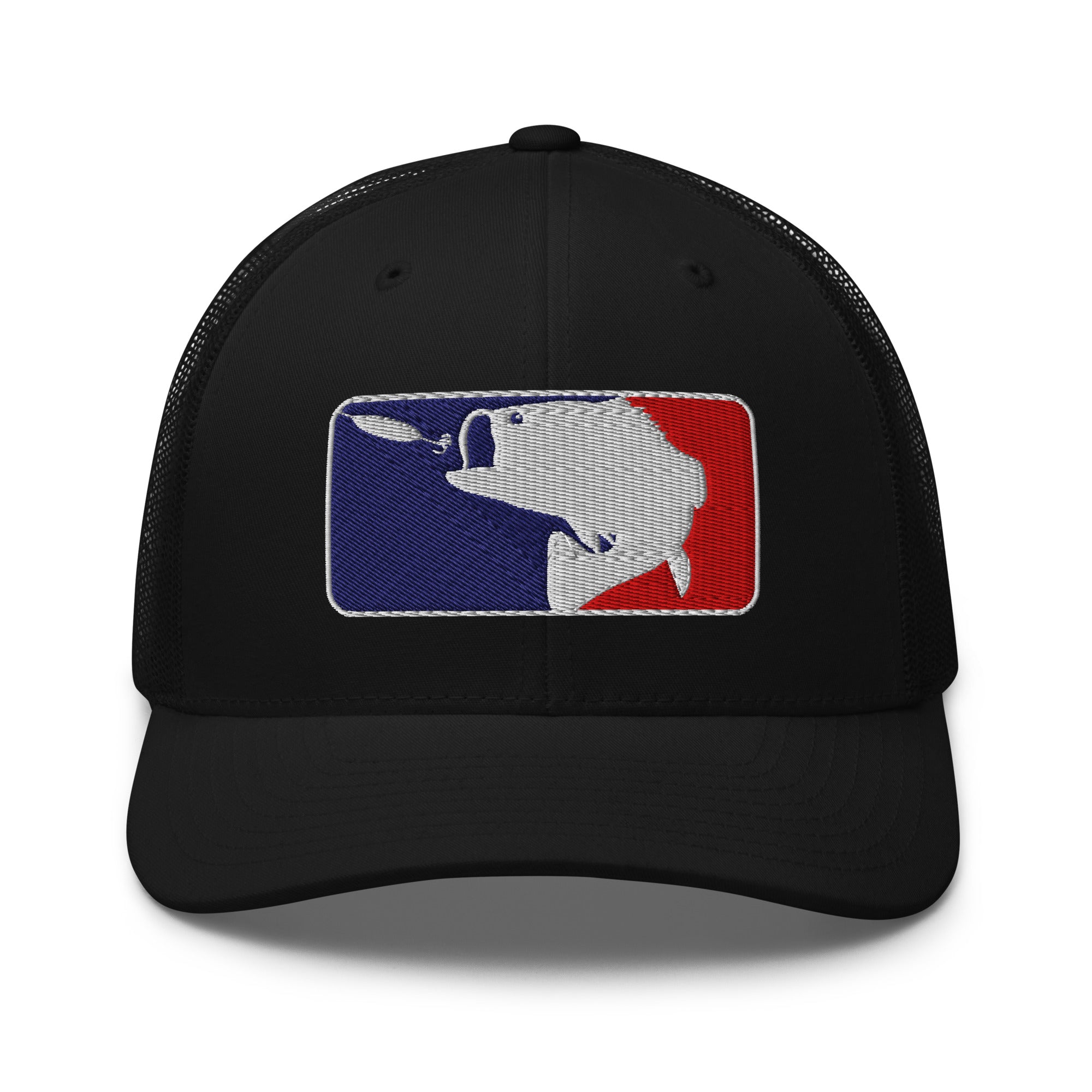 Baseball fishing embroidered black trucker hat front view – funny fishing cap