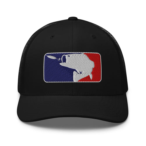 Baseball fishing embroidered black trucker hat front view – funny fishing cap
