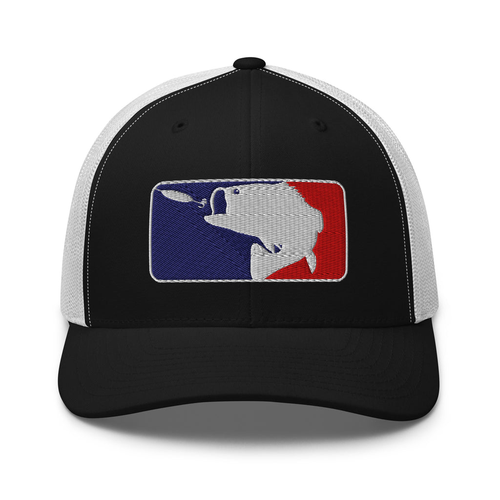 Baseball fishing embroidered black trucker hat white mesh front view – funny fishing cap