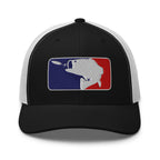 Baseball fishing embroidered black trucker hat white mesh front view – funny fishing cap
