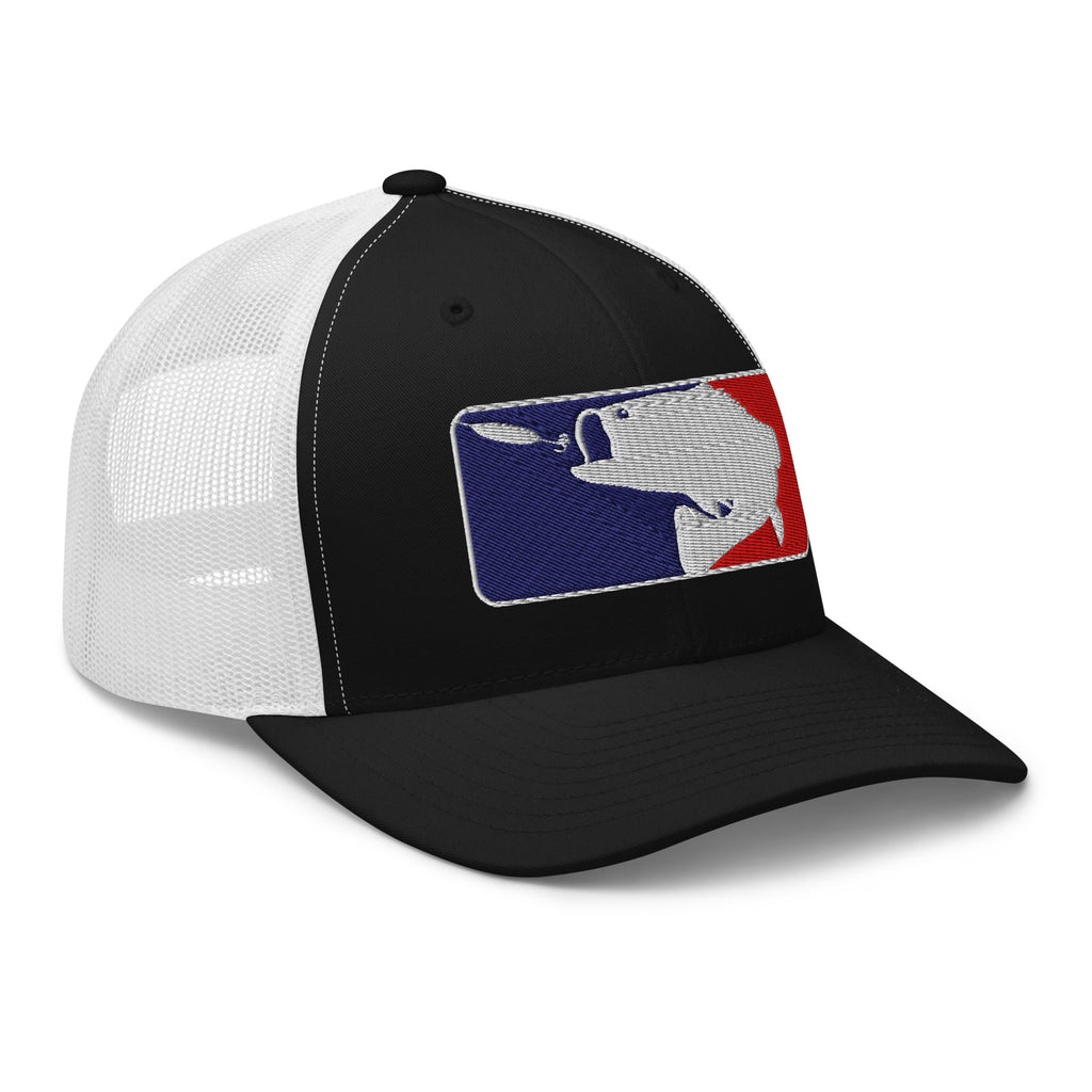 Black and white mesh baseball fishing trucker hat right front view – funny fishing cap