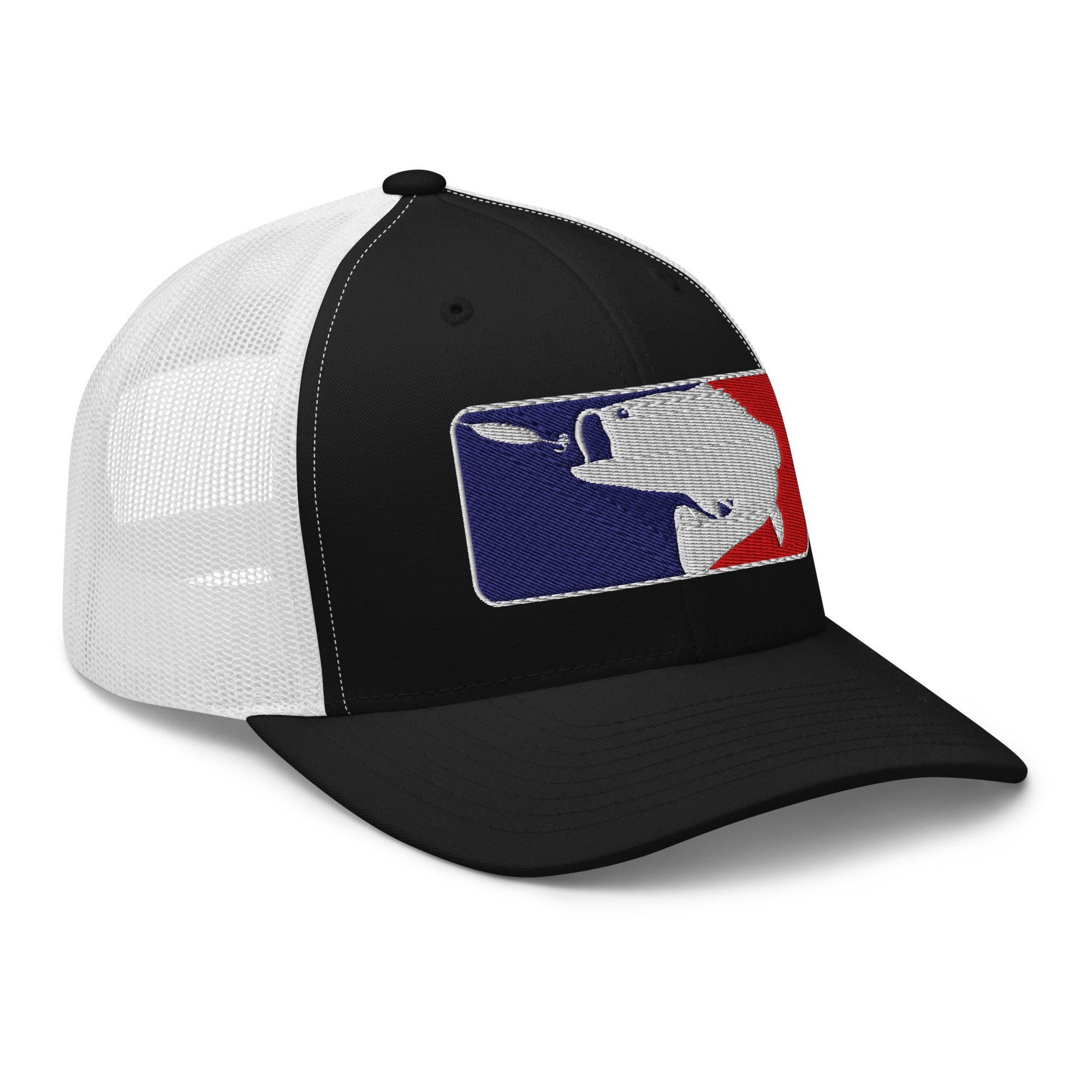 Black and white mesh baseball fishing trucker hat right front view – funny fishing cap