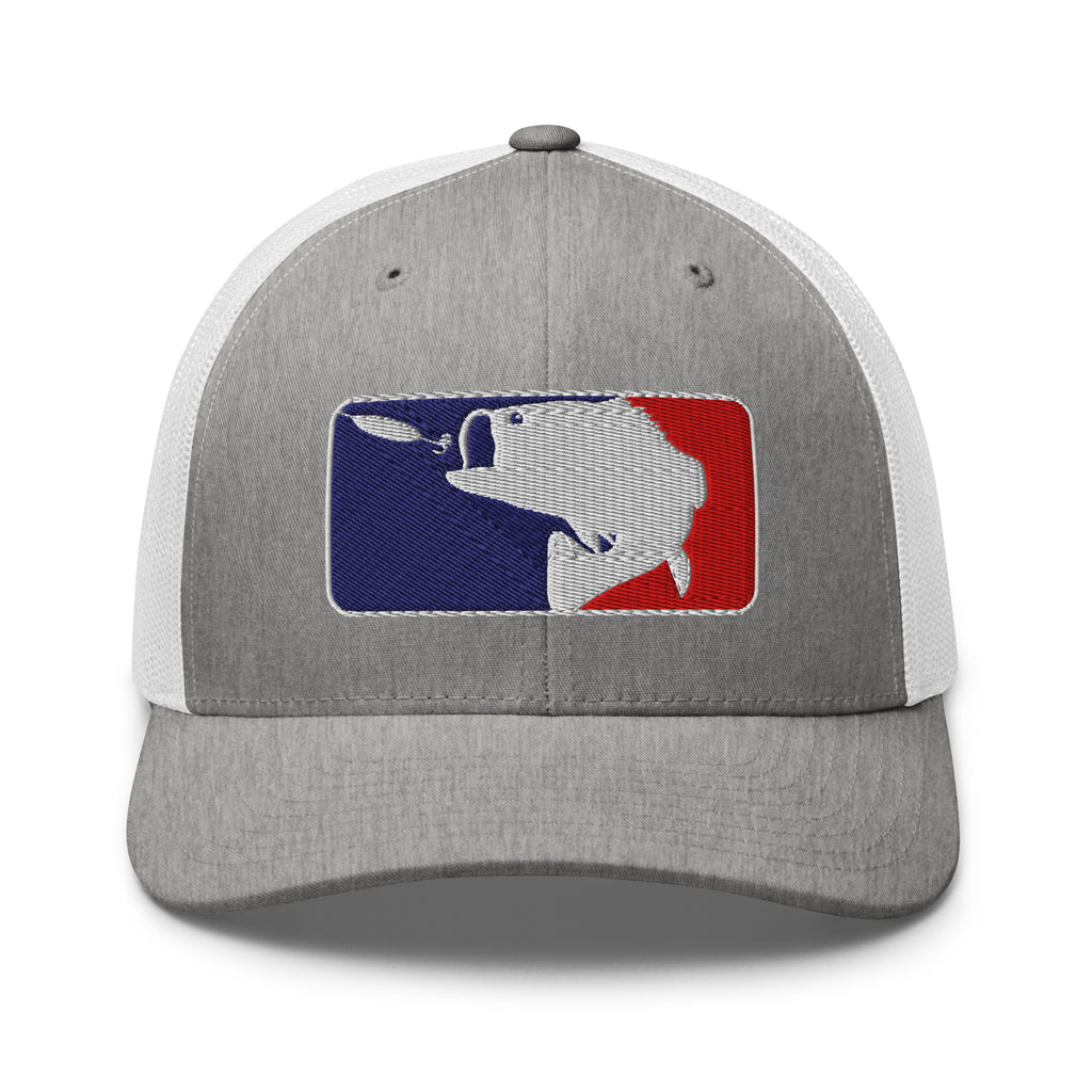 Baseball fishing embroidered gray heather trucker hat white mesh front view – funny fishing cap