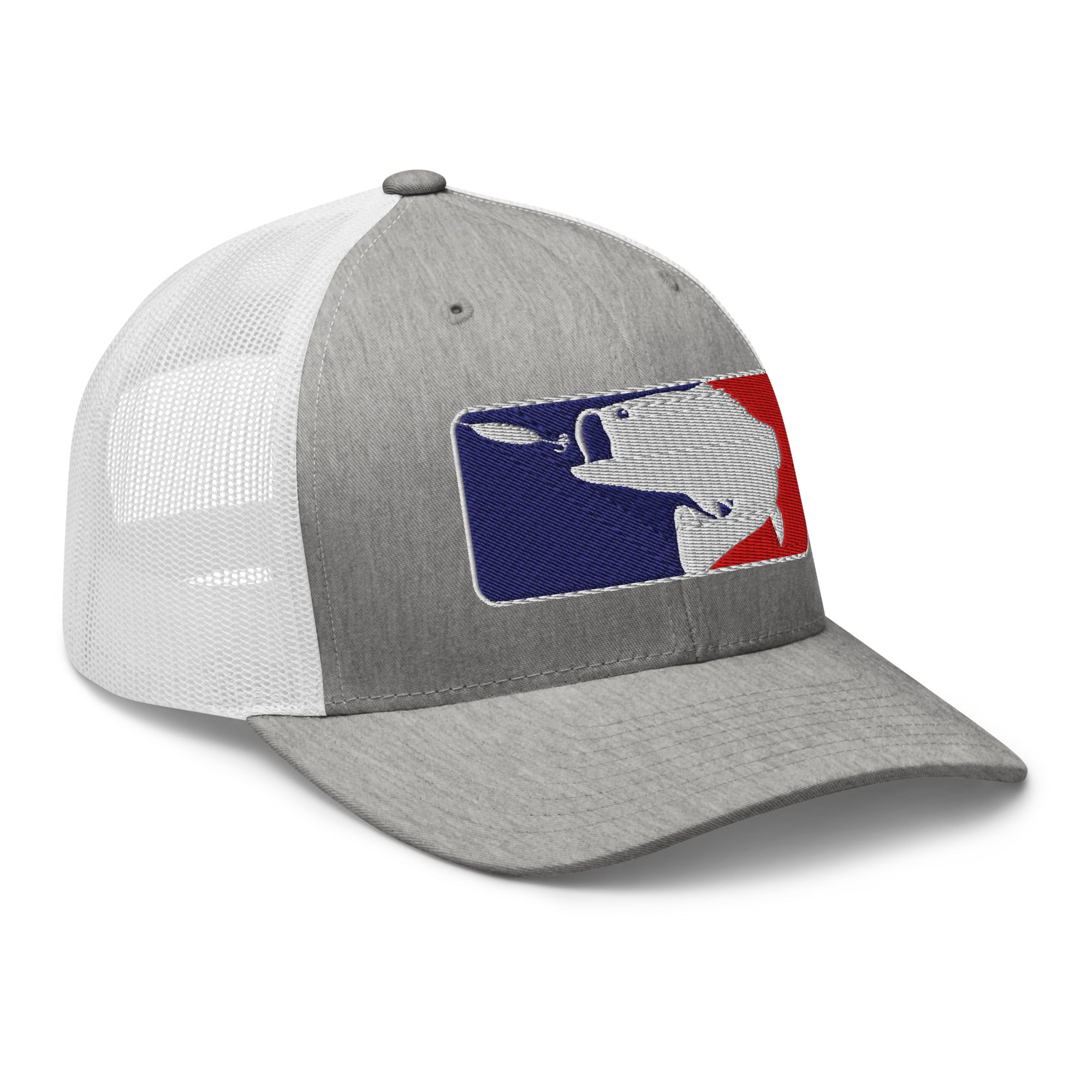 Gray heather and white mesh baseball fishing trucker hat right front view – funny fishing cap