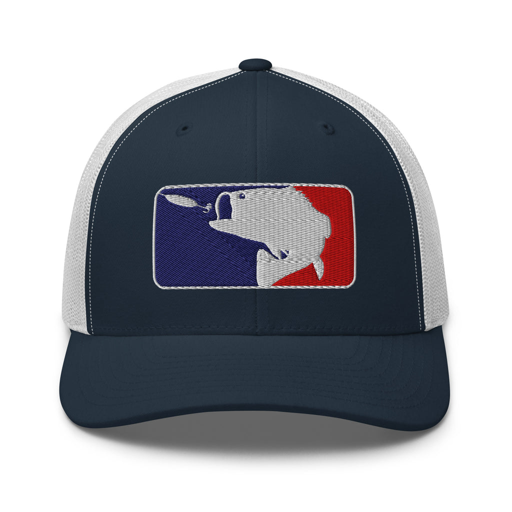 Baseball fishing embroidered navy trucker hat white mesh front view – funny fishing cap