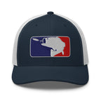 Baseball fishing embroidered navy trucker hat white mesh front view – funny fishing cap