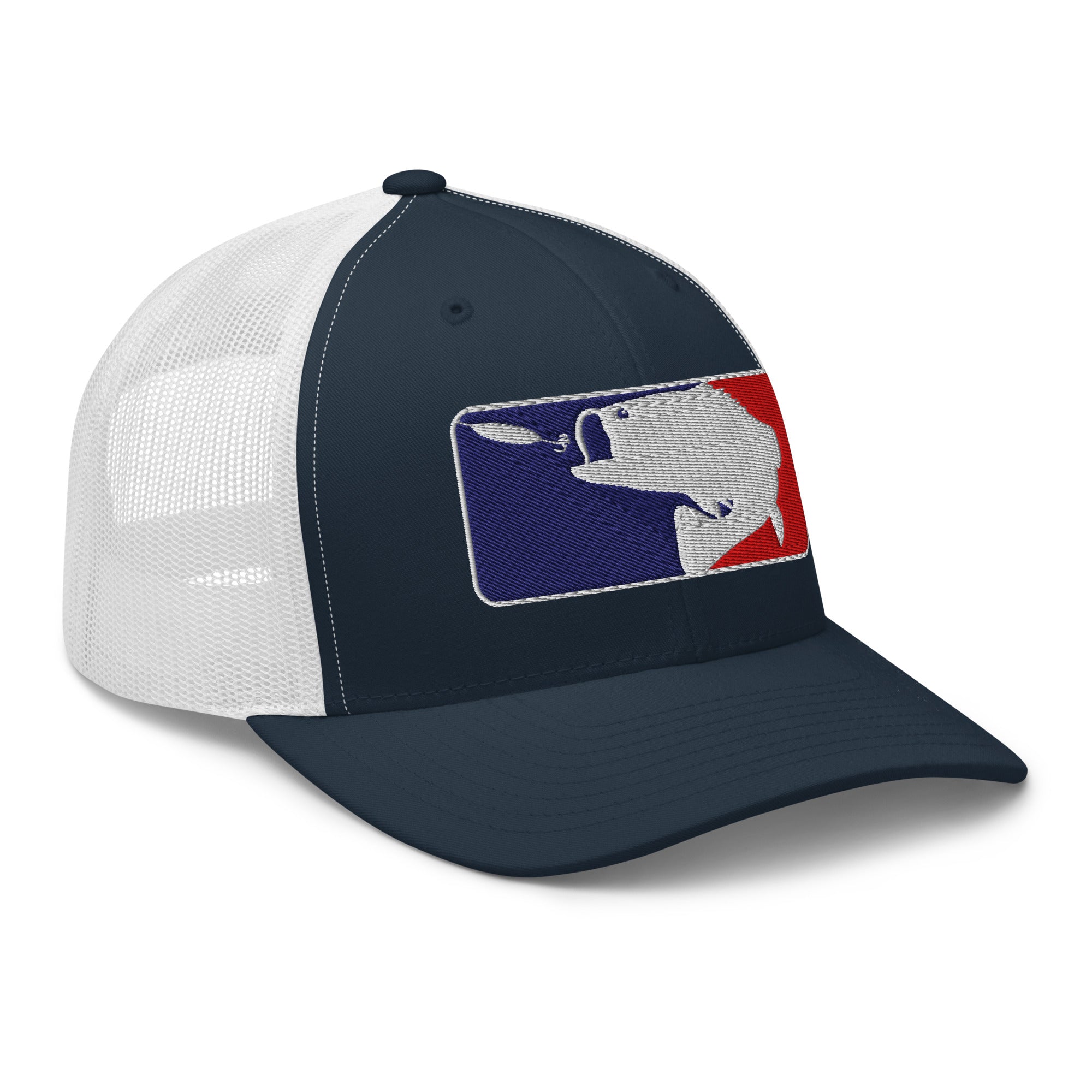 Navy and white mesh baseball fishing trucker hat right front view – funny fishing cap