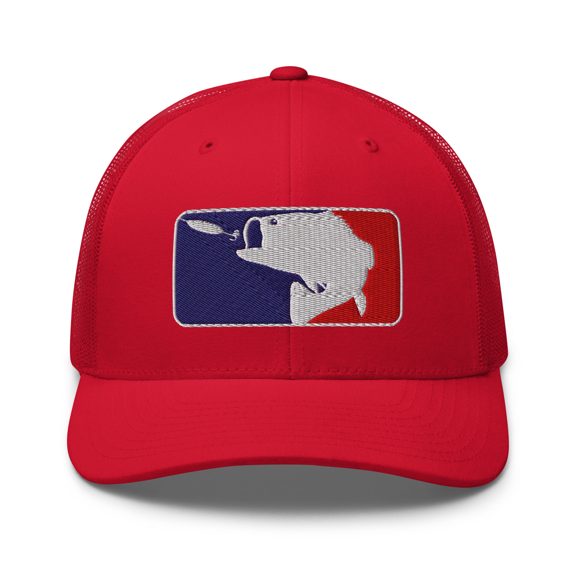 Baseball fishing embroidered red trucker hat front view – funny fishing cap