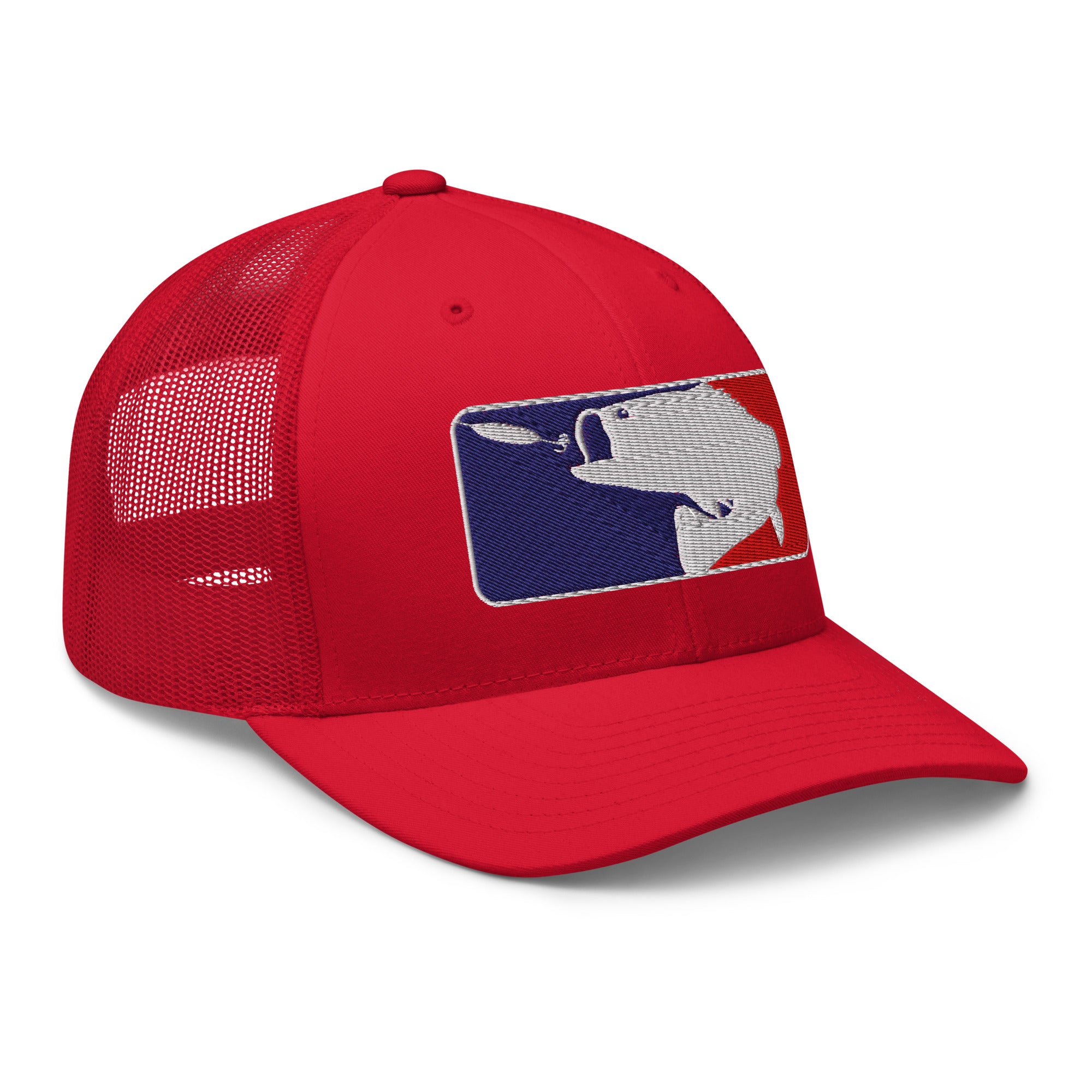 Red baseball fishing trucker hat right front view – funny embroidered fishing cap