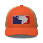 Baseball fishing embroidered rustic orange trucker hat khaki mesh front view – funny fishing cap
