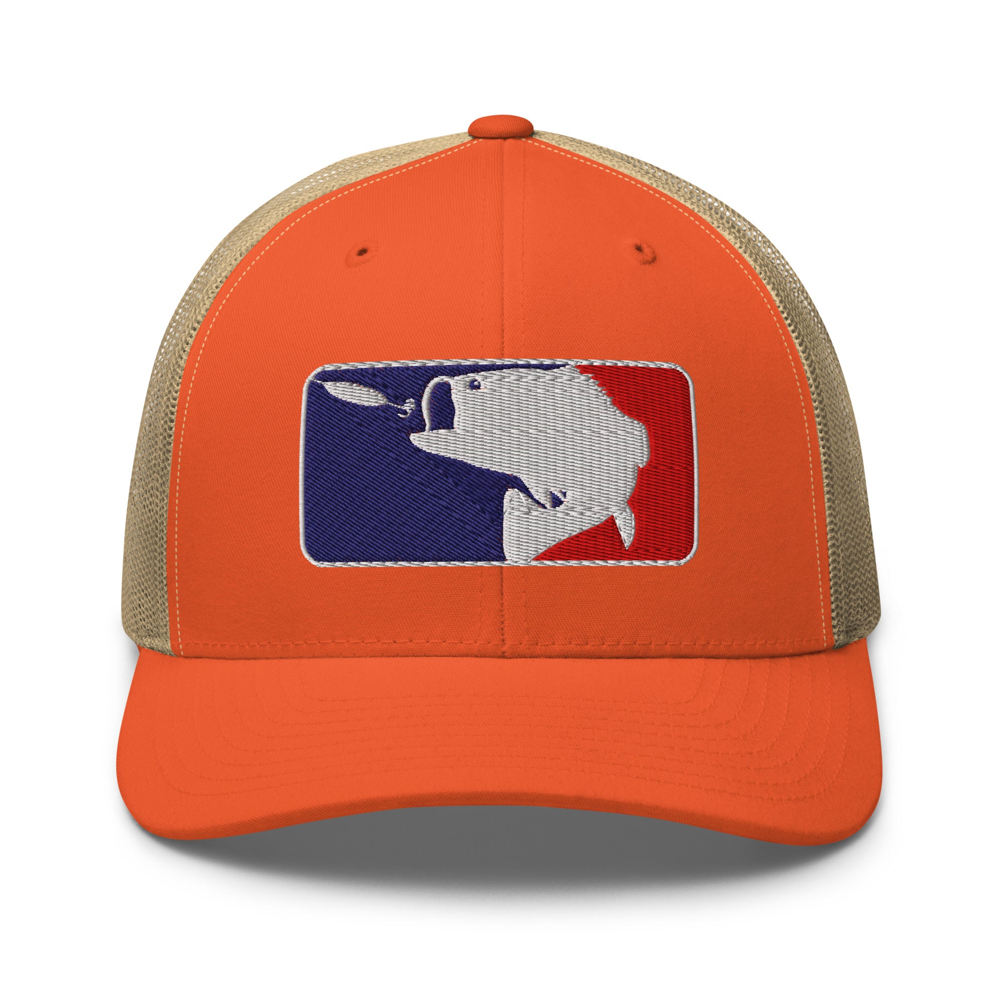 Baseball fishing embroidered rustic orange trucker hat khaki mesh front view – funny fishing cap