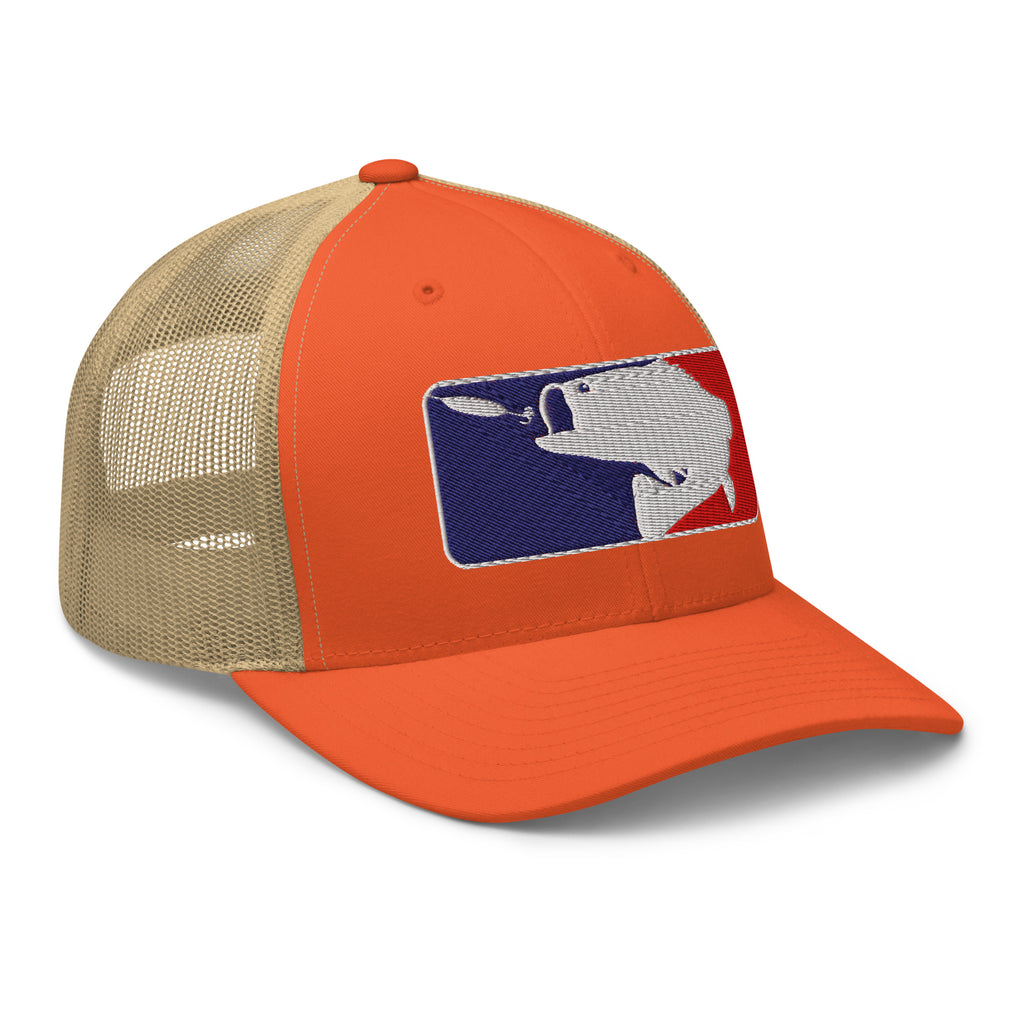 Rustic orange and khaki mesh baseball fishing trucker hat right front view – funny fishing cap