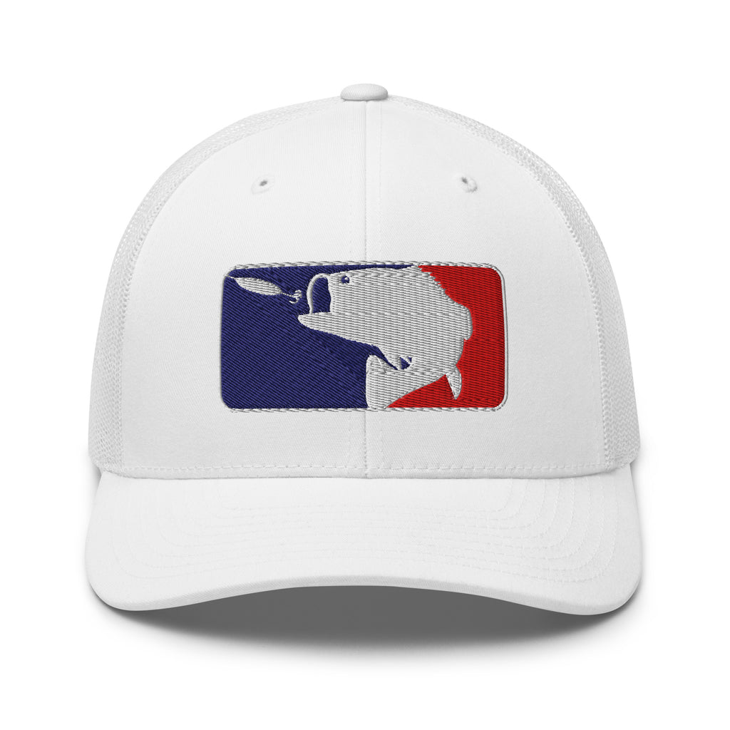 Baseball fishing embroidered white trucker hat front view – funny fishing cap