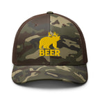 Bear deer beer gold embroidered camo trucker hat front view – funny deer hunting cap