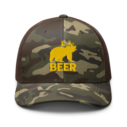 Bear deer beer gold embroidered camo trucker hat front view – funny deer hunting cap