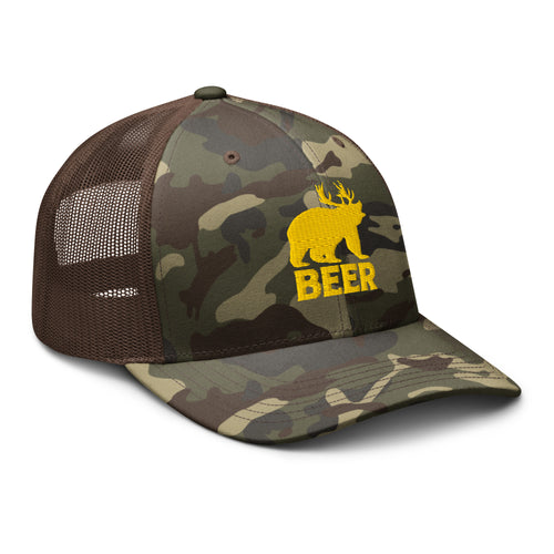 Bear deer beer camo trucker hat gold embroidery side view – funny outdoor hunting hat for deer hunters