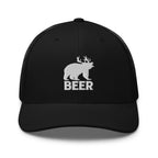 Bear deer beer embroidered black trucker hat front view – funny hunting hat for outdoorsmen