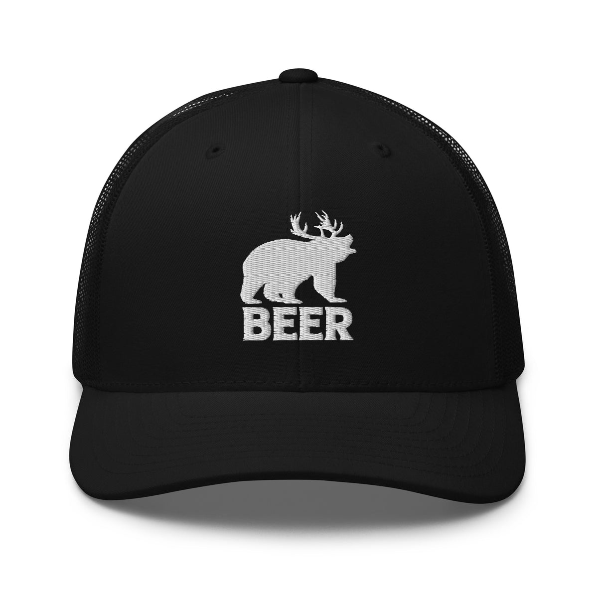 Bear deer beer embroidered black trucker hat front view – funny hunting hat for outdoorsmen