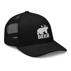 Black bear deer beer trucker hat side view – funny outdoor hat for hunters who love a cold one