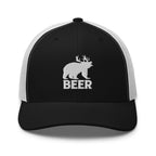 Bear deer beer embroidered black trucker hat white mesh front view – funny deer hunting cap