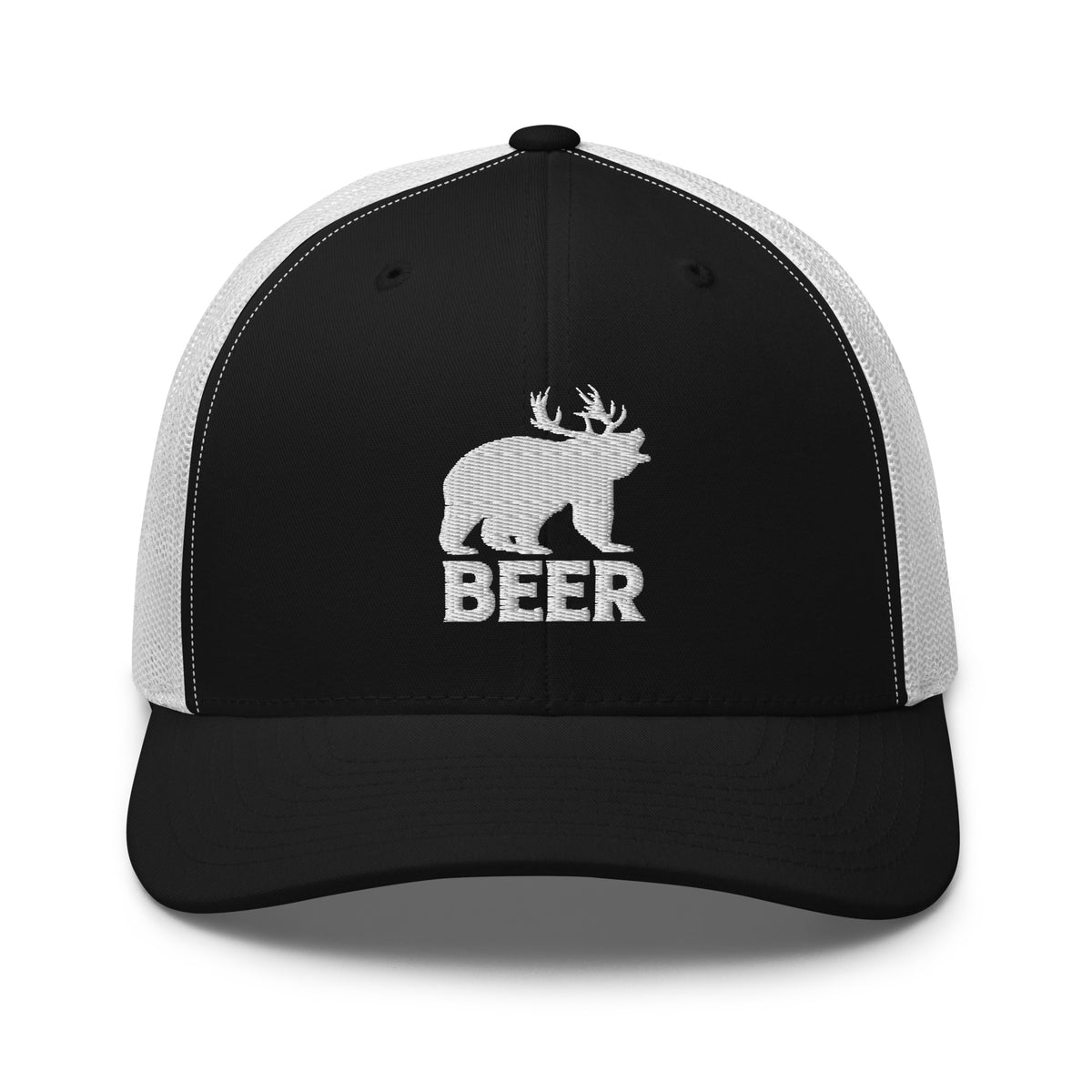 Bear deer beer embroidered black trucker hat white mesh front view – funny deer hunting cap