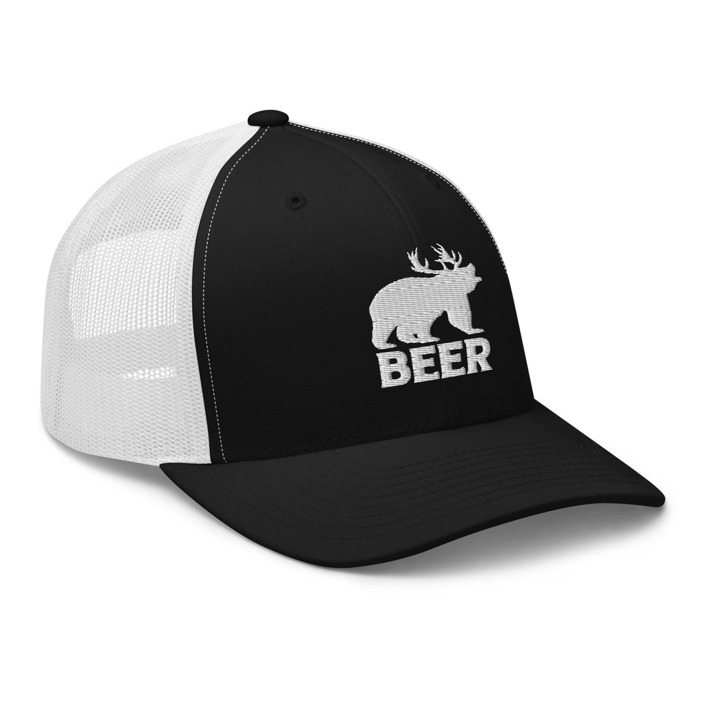 Black and white mesh bear deer beer trucker hat side view – funny gift for deer hunters and campers