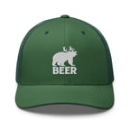 Bear deer beer embroidered evergreen trucker hat front view – funny hat for hunters and campers