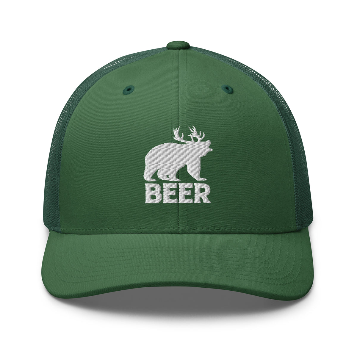 Bear deer beer embroidered evergreen trucker hat front view – funny hat for hunters and campers