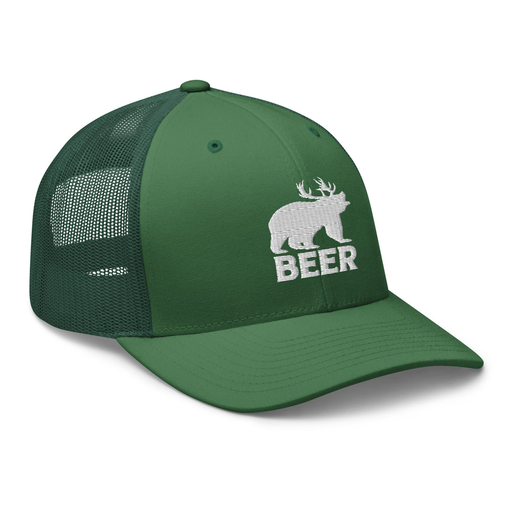 Evergreen bear deer beer trucker hat side view – funny outdoor cap for men who hunt and drink