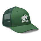 Evergreen bear deer beer trucker hat side view – funny outdoor cap for men who hunt and drink