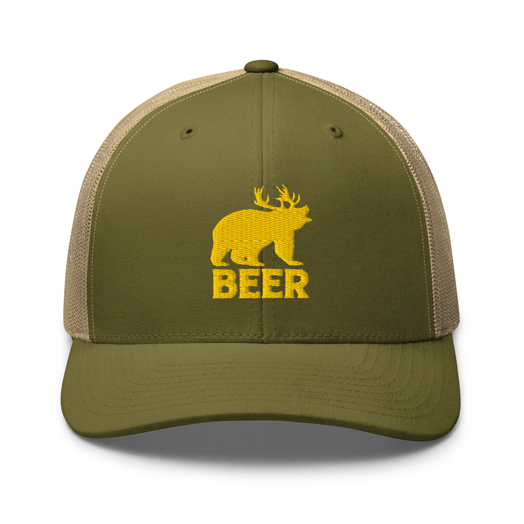 Bear deer beer embroidered moss trucker hat khaki mesh gold text front view – funny deer hunting hat