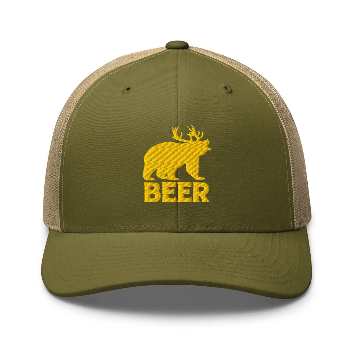Bear deer beer embroidered moss trucker hat khaki mesh gold text front view – funny deer hunting hat
