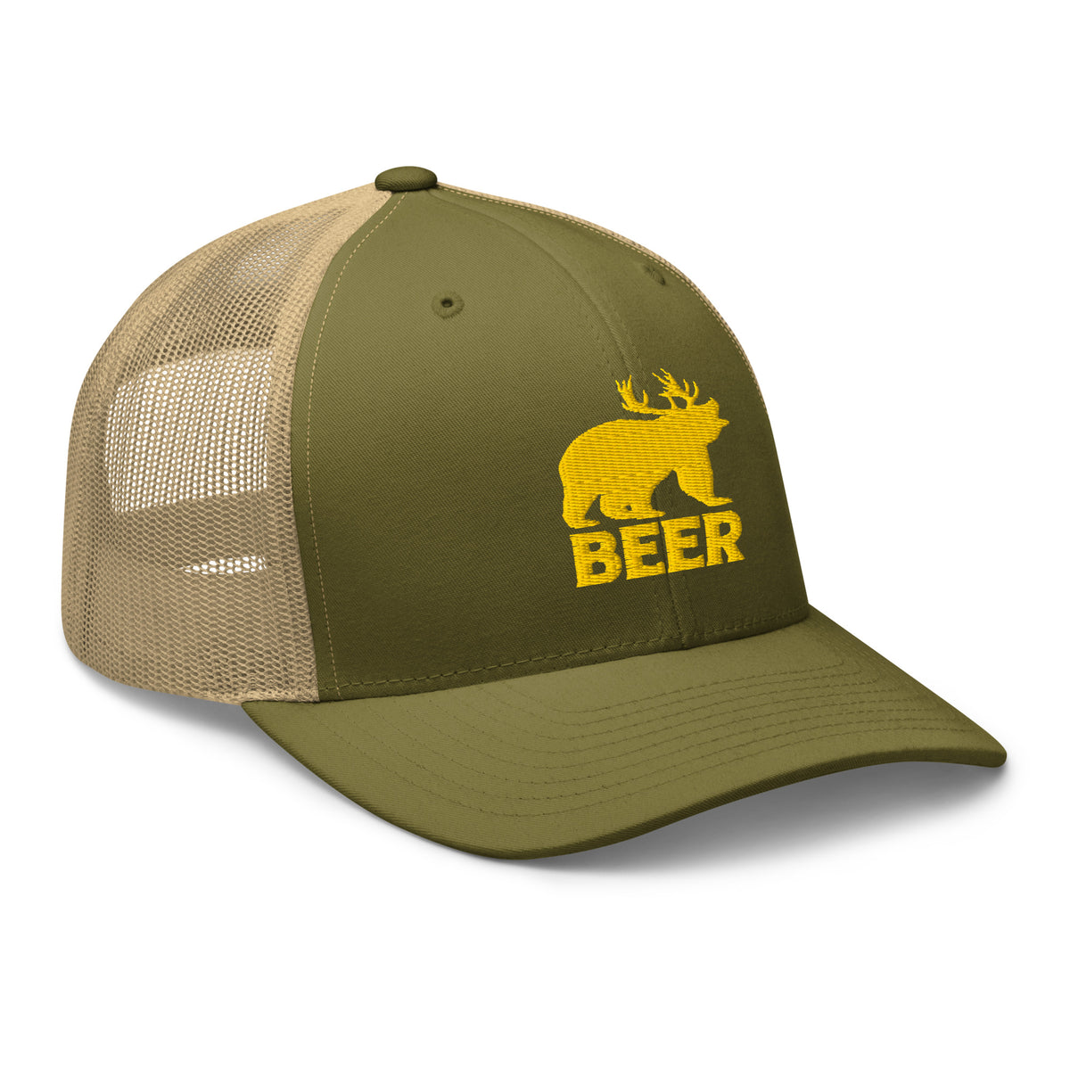 Moss and khaki mesh bear deer beer trucker hat gold embroidery side view – funny outdoor hunting cap