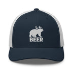 Bear deer beer embroidered navy trucker hat white mesh front view – funny outdoor drinking hat