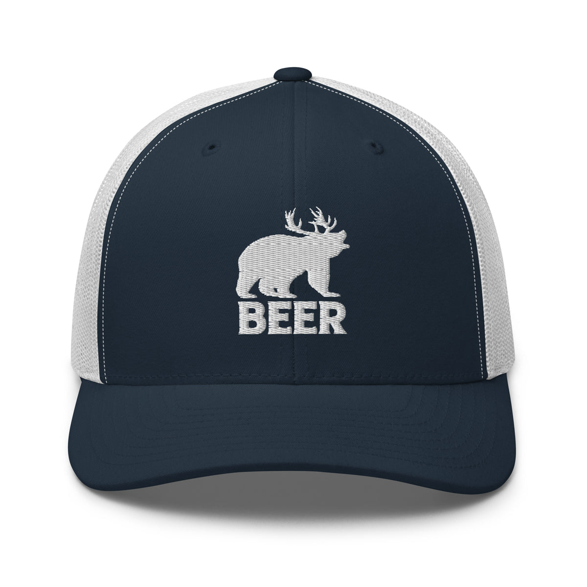 Bear deer beer embroidered navy trucker hat white mesh front view – funny outdoor drinking hat
