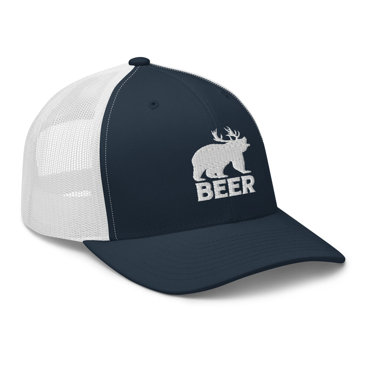 Navy and white mesh bear deer beer trucker hat side view – funny hunting gift for beer lovers