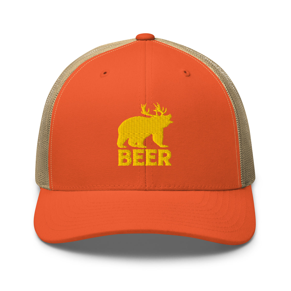 Bear deer beer embroidered rustic orange trucker hat khaki mesh gold text front view – funny hunting cap
