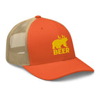 Rustic orange and khaki mesh bear deer beer trucker hat gold embroidery side view – funny outdoor hat for hunters