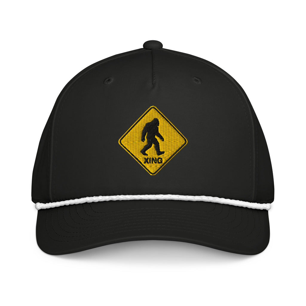 Bigfoot crossing sign embroidered black rope hat with white rope front view – funny hiking cap