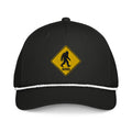 Bigfoot crossing sign embroidered black rope hat with white rope front view – funny hiking cap