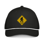Bigfoot crossing sign embroidered black rope hat with white rope front view – funny hiking cap