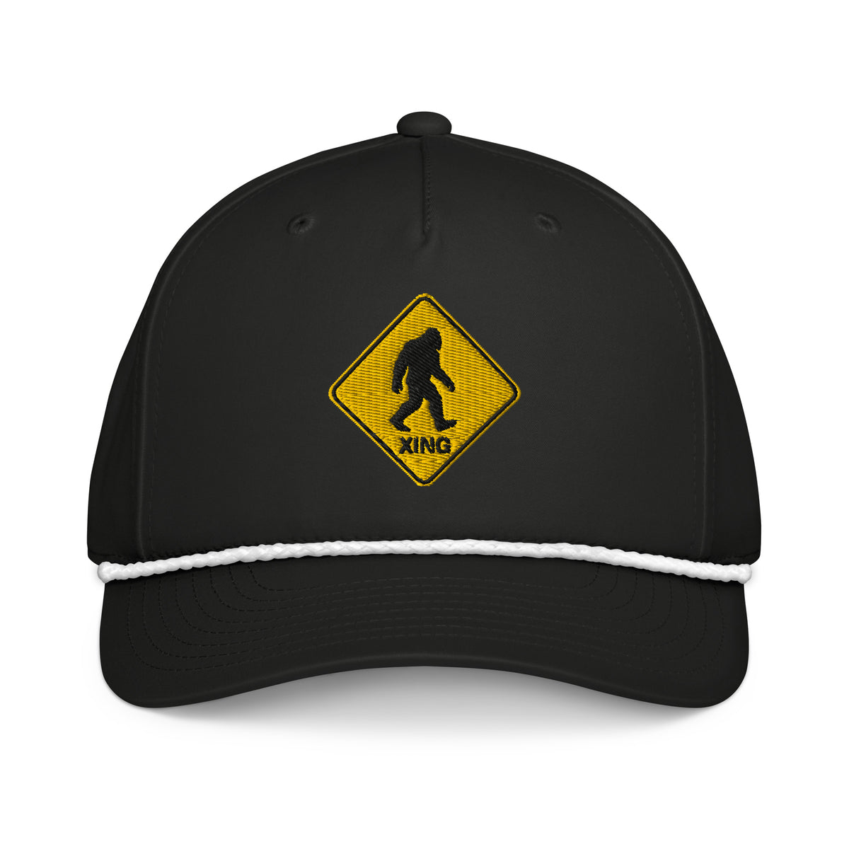 Bigfoot crossing sign embroidered black rope hat with white rope front view – funny hiking cap